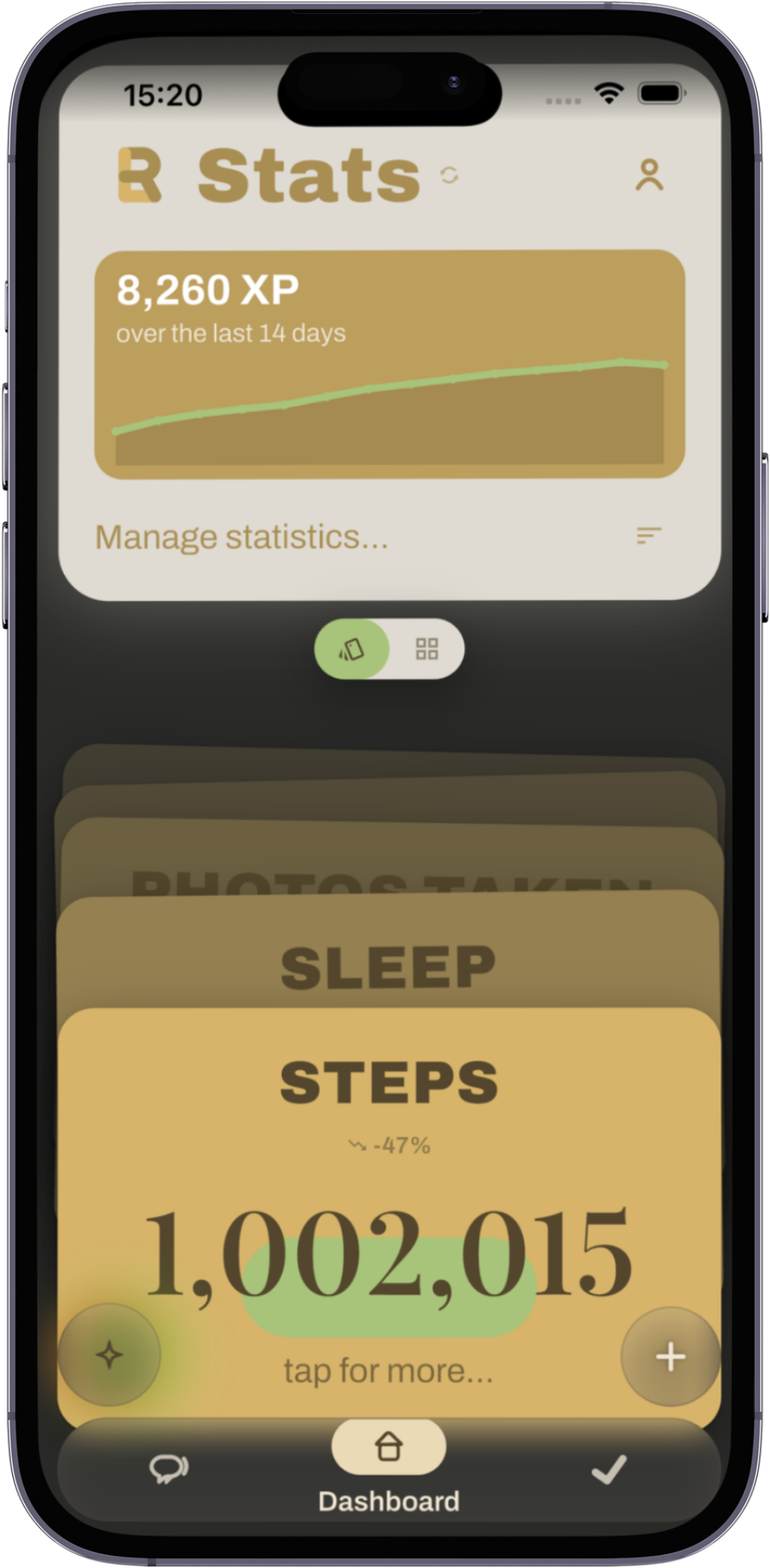 RLStats dashboard with personal categories
